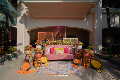 Backdrop and Lounge — Haldi decor — Taj Exotica